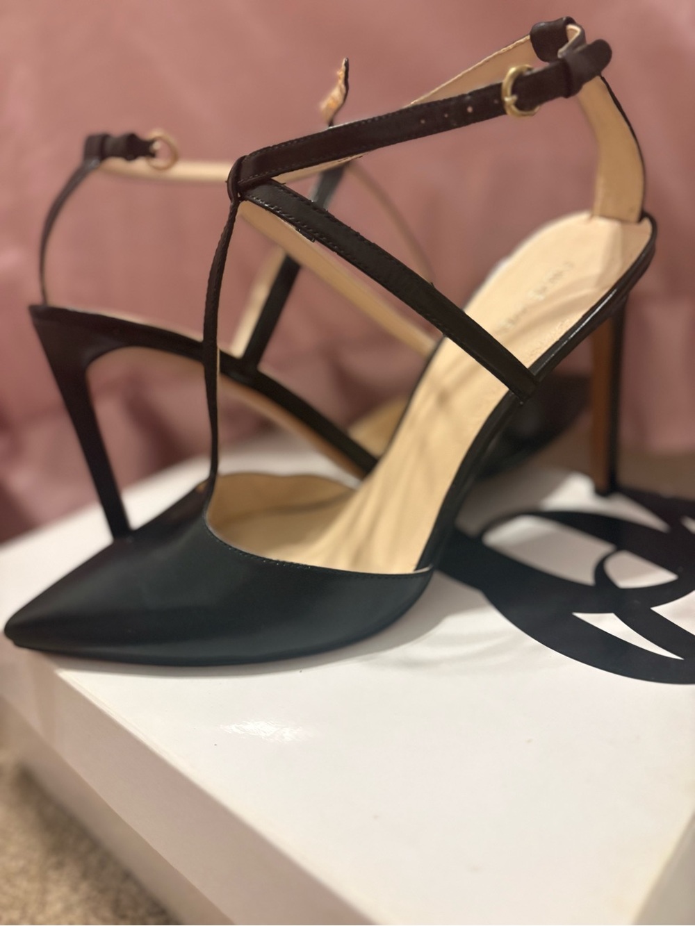 Nine West Black T-Strap Pointed Toe Stiletto Heels
